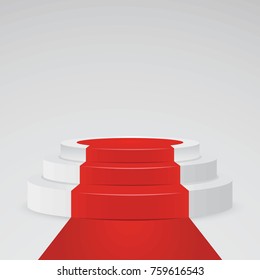Realistic white pedestal - 3d pedestal with red carpet. Podium platform for award and winner, vector illustration