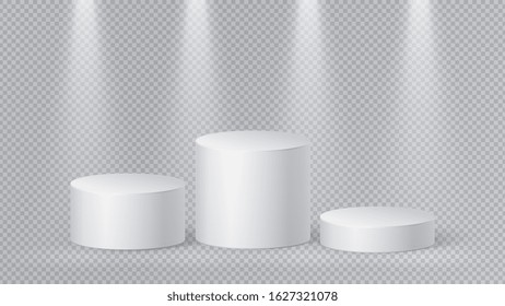 Realistic white pedestal. Blank minimalist podium, 3d cylinders. Isolated ellipse design. Base stands, simple platform vector mockups