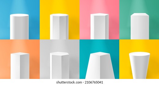 Realistic white pedestal. Empty podium and product platform, base, stage and pillar. Vector column set