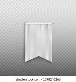 Realistic white pennant flag mock up hanging on the wall isolated on transparent background - blank medieval banner template with copy space. Vector illustration.