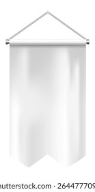 Galhardete branco realista pendurado em um suporte metálico, isolado contra um fundo branco limpo, oferecendo amplo espaço para personalização e ideal para várias aplicações de maquete