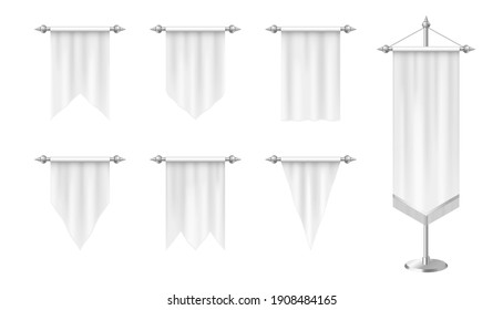 Realistic white pennants, vertical flags mockup isolated on white background. Set of flags and banners of different shapes. 3d vector illustration