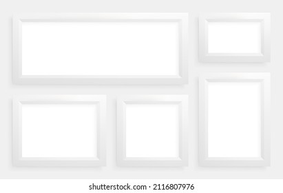 Realistic white pictures or photo frames with shadow. Vector horizontal and vertical frame mockup