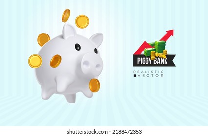 Realistic white piggy bank with money creative business concept. White pig keeps gold coins. Keep and accumulate cash savings. Financial services. Safe finance investment. Design vector illustration.