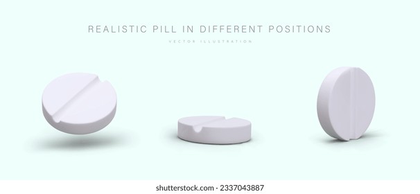 Realistic white pill in different positions. Round tablet is split in half. Isolated vector icons. Medicine symbol. Set of images for pharmaceutical application, pharmacy