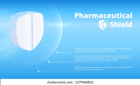 Realistic white pill in the form of shield.  Glowing protective field with a hexagonal surface. Metaphoric vector image. Prophylactic medicine. Modern pharmaceutical concept. Blue healthcare poster