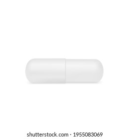 Realistic white pill. Realistic treatment tablet. Vitamins capsule on white background. Vector
