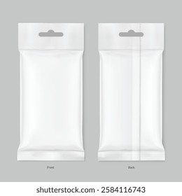 Realistic white pillow bag with hang slot mockup. Vector illustration isolated on grey background. Easily can with placed your product, to create a realistic presentation. EPS10.