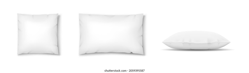 Realistic white pillow square shape top, side and front view. Comfortable cushion for sleep, rest, relax mockups set pillow isolated on white. Vector illustration