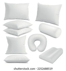 Realistic white pillows mockup. Pillow for night neck relaxation, orthopedics and traveller cushion. 3d cushions, comfort sleep pithy vector elements