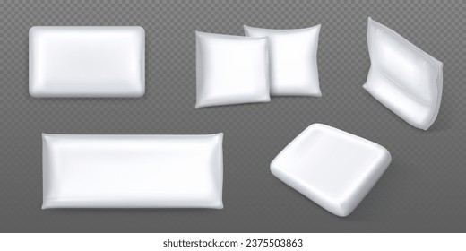 Realistic white pillows set isolated on transparent background. Vector illustration of square and rectangular cushion mockups, bedroom interior design elements, healthy sleep and bedtime comfort items