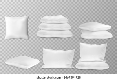 Realistic white pillows side en top view combinations mockup set transparent background vector illustration