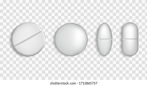  Realistische weiße Tabletten. 3D-Medikamentenkapseln und Vitamine. Medizinische Tabletten. Packtes Teller mit Pillen. Pillen für die Gesundheit. Medizin