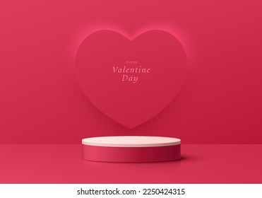 Realistic white, pink cylinder pedestal podium valentine 3D background with heart scene on wall. Minimal wall scene mockup product stage showcase, Promotion display. Abstract vector geometric forms.