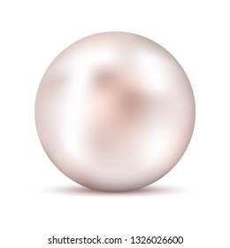 Realistic white pink pearl with shadow. Shiny oyster pearl for luxury accessories. Sphere shiny sea pearl. Template design for jewerly store or website. Vector illustration