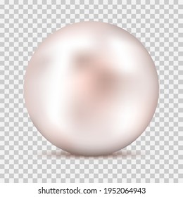 Realistic white pink pearl with shadow isolated on transparent background. Shiny oyster pearl for luxury accessories. Sphere shiny sea pearl. Template design for jewerly store or website. Vector