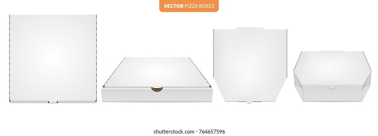 Realistic White pizza box mock up isolated on transparent background. Cardboard food box set. Detailed white blank packaging in different angles. Vector eps 10.