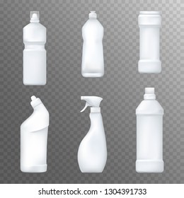 Realistic white plactic bottles. Household chemicals and liquid detergent package mock up. Vector illustration