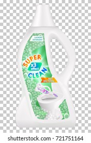 Realistic white plastic bottle with 3d toilet on transparent background for liquid laundry detergent, shampoo, bleach, soap, cream. Vector illustration. Easy to use. Photorealistic design EPS 10.