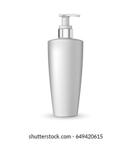 Realistic white plastic bottle for cream, liquid soap with pump. 3d white realistic cosmetic package empty tube vector illustration. Realistic blank template of plastic bottle with dispenser