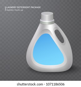 Realistic white plastic bottle on transparent background for liquid laundry detergent, shampoo, bleach, soap, cream. Vector illustration. Easy to place your text or logo. Photorealistic design EPS 10.