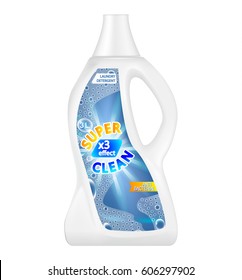 Realistic white plastic bottle on white background for liquid laundry detergent, shampoo, bleach, soap, cream. Vector illustration. Easy to use. Photorealistic design EPS 10.