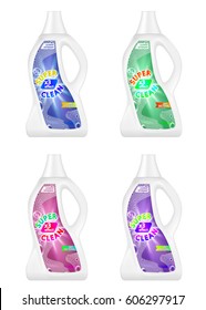 Realistic white plastic bottle on white background for liquid laundry detergent, shampoo, bleach, soap, cream. Vector illustration. Easy to use. Photorealistic design EPS 10.