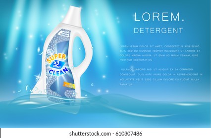 Realistic white plastic bottle on water background for liquid laundry detergent, shampoo, bleach, soap, cream. Vector illustration. Easy to use. Photorealistic design EPS 10.