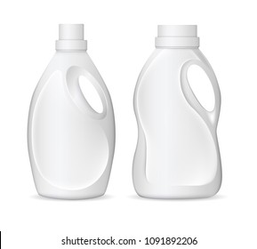 Realistic white plastic bottles for liquid laundry detergent, bleach, fabric softener, soap or cream. Easy to place your text and brand logo. Vector illustration