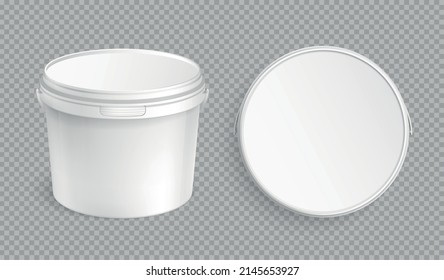 Realistic white plastic bucket with cap on transparent background isolated vector illustration