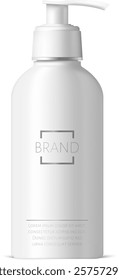 Realistic white plastic cosmetic bottle with pump dispenser containing beauty product, shampoo, soap, lotion or moisturizer, isolated on white background