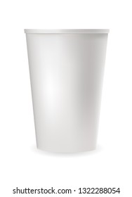 Realistic white plastic cup for cold and hot drinks tea and coffee. Package mockup design ready for branding. Vector illustration.