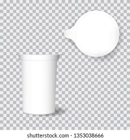 Realistic white plastic cup for yogurt, pudding or cream isolated on transparent background. Plastic packaging mock up.