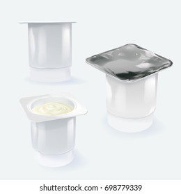 realistic white plastic cup of yogurt on various views isolated on bright gray background