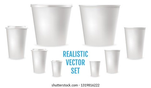 Realistic white plastic cups for cold and hot drinks tea and coffee. White plastic container for food. Package mockup design ready for branding. Vector illustrations kit.