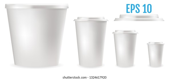 Realistic white plastic cups for cold and hot drinks tea and coffee. White plastic container for food. Package mockup design ready for branding. Vector illustrations kit.