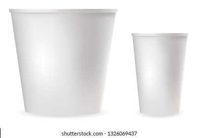 Realistic white plastic cups for cold and hot drinks tea and coffee. White plastic container for food. Package mockup design ready for branding. Vector illustrations kit.