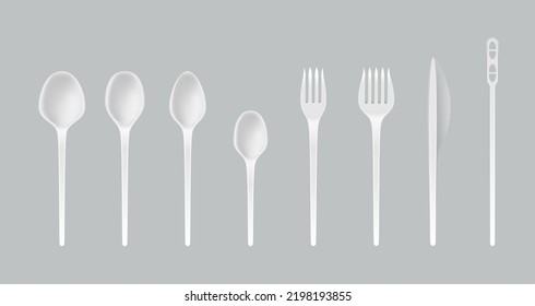 Realistic white plastic cutlery set, fork, knife, spoon, teaspoon, stirrer, spork utensil. Disposable kitchen equipment used for eating or serving food. Vector illustration