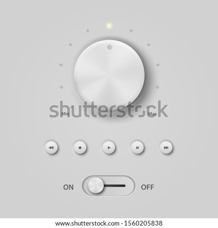 Realistic White Plastic Panel Media Audio Player with Knob, Control, Buttons, Set. Design Template of Circular Processing, Power Volume Playback, On and Off, Start, Power Push-Button. Stock Vector