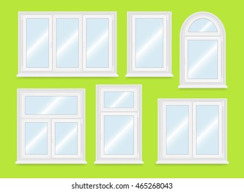 Realistic white plastic windows set. Vector illustration.