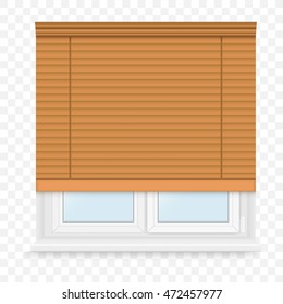 Realistic white plastic windows set with blind. Vector illustration.