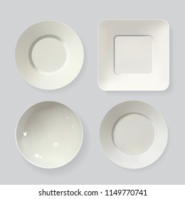 Realistic white plate and bowl set. Top view dishes vector illustration.