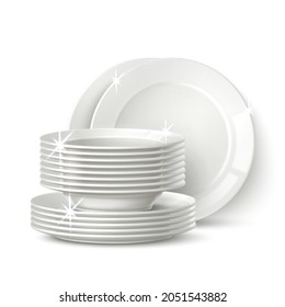 Realistic white plates stack. Clean shining