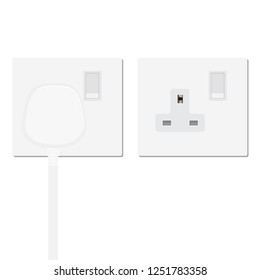 Realistic white plug inserted in electrical outlet  and power socket, isolated on white background. Icon of device for connecting electrical appliances, equipment. Electric plug and socket. 