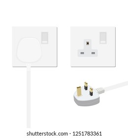 Realistic white plug inserted in electrical outlet, power socket and uk plug. Isolated on white background. Icon of device for connecting electrical appliances, equipment. Electric plug and socket. 