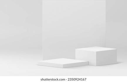 Realistic white podium 3d showroom interior with wall backdrop for product presentation vector illustration. Trendy pastel rendering pedestal advertising platform display at neutral studio background