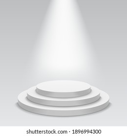 Realistic white podium. Empty stage podium with spotlight, round award ceremony pedestal. Winner 3d podium vector illustration. Platform with steps with illumination for getting prize