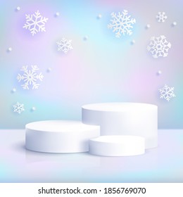 Realistic white podium on iridescent background with snowflakes. Winter christmas pastel scene with blank cylinder pedestal for product show. Luxury platform vector mockup