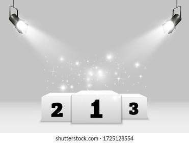  Realistic white podium with spotlights. First place. Vector illustration of a holiday.
