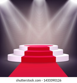 Realistic white podium stage with red carpet lit from multiple spotlights, three-step round stairs with circle shape for awarding competition winner, luxury 3D design - vector illustration
